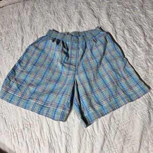 Vtg 80s/90s High Waist Plaid Elastic Waist Shorts Green Blue‎ Mom Prep Punch